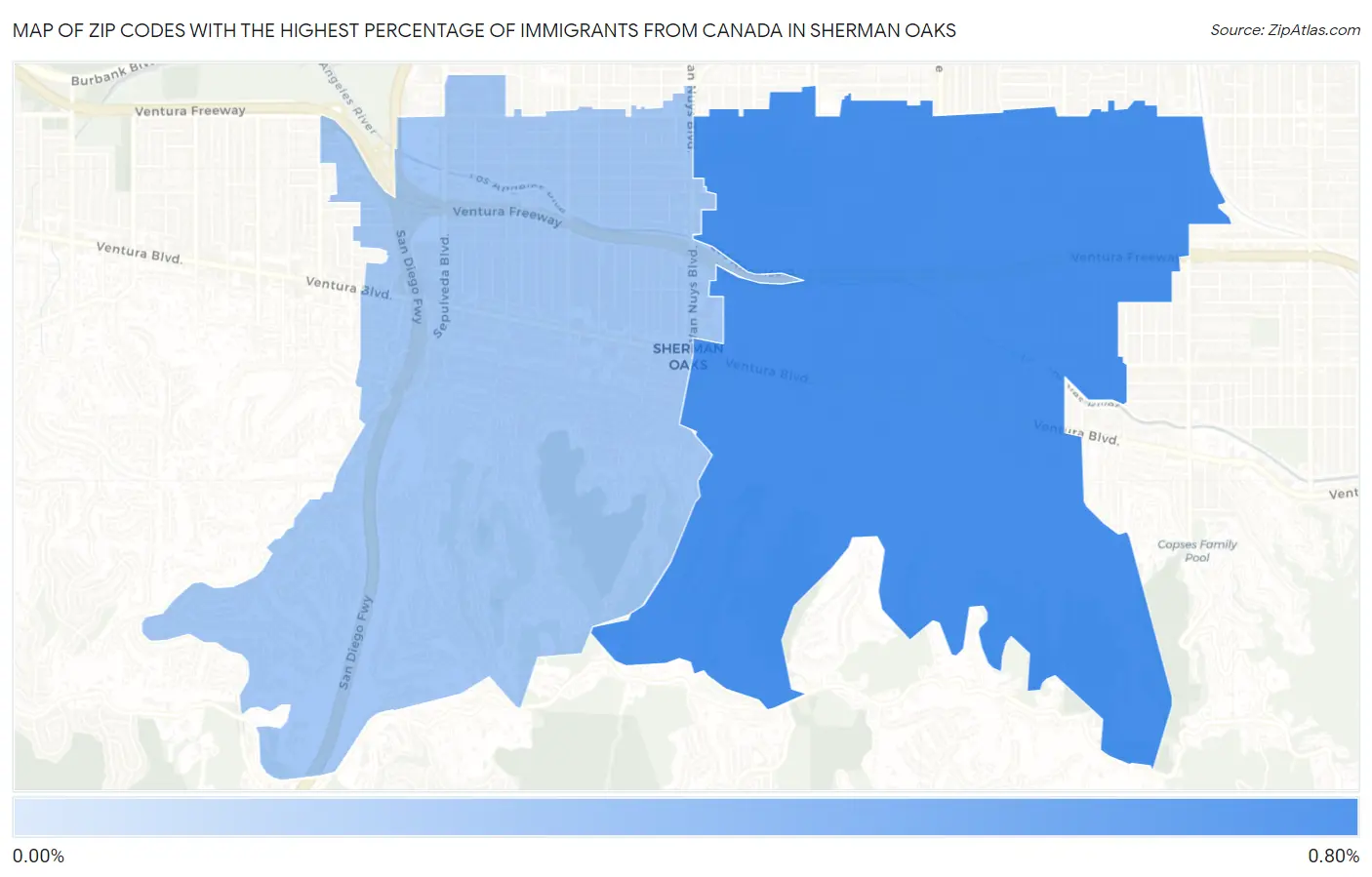 Zip Codes with the Highest Percentage of Immigrants from Canada in Sherman Oaks Map