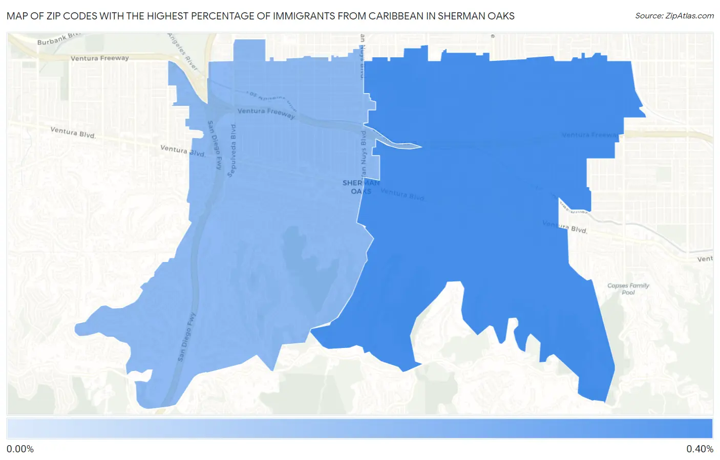 Zip Codes with the Highest Percentage of Immigrants from Caribbean in Sherman Oaks Map
