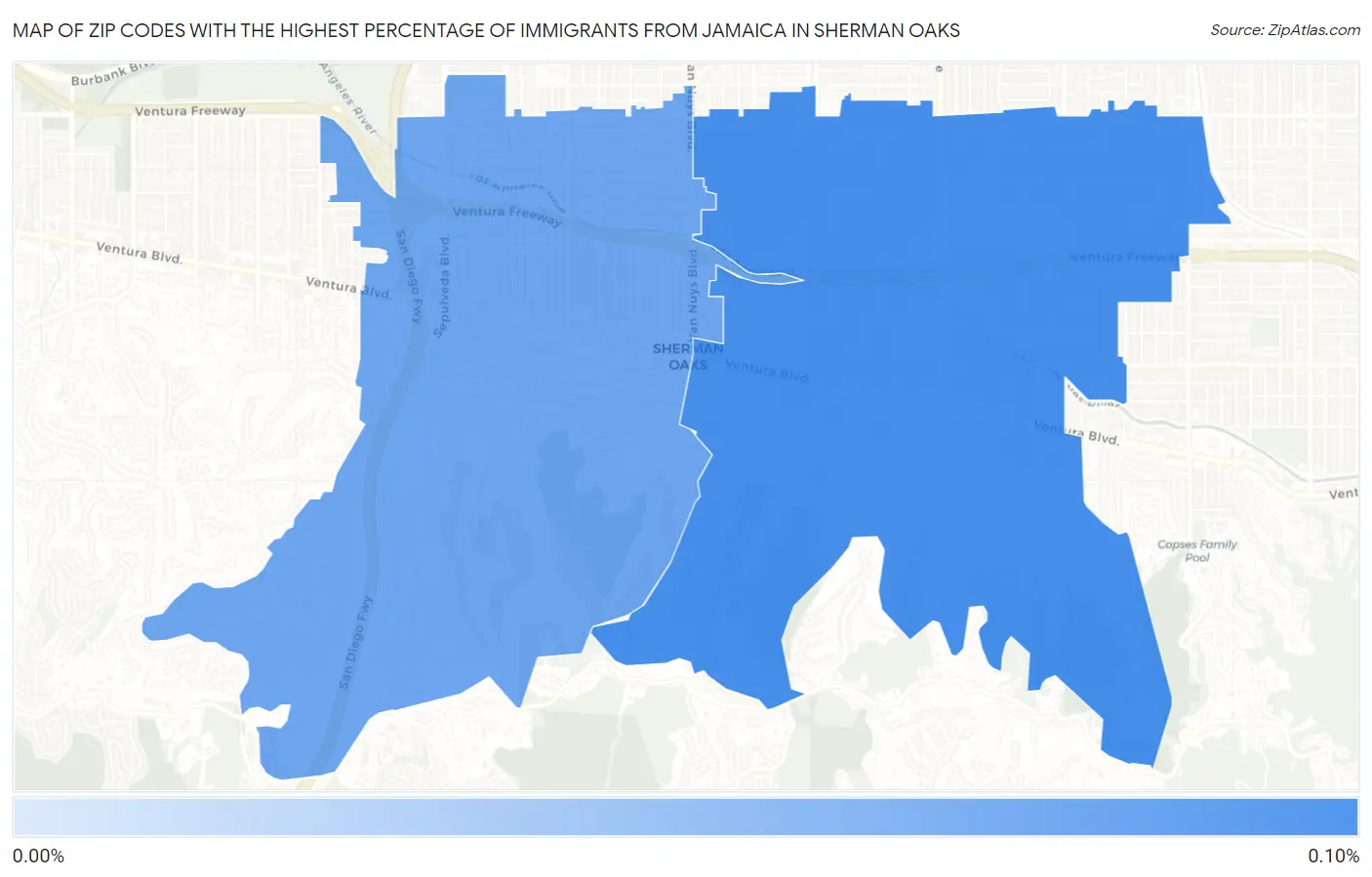 Zip Codes with the Highest Percentage of Immigrants from Jamaica in Sherman Oaks Map