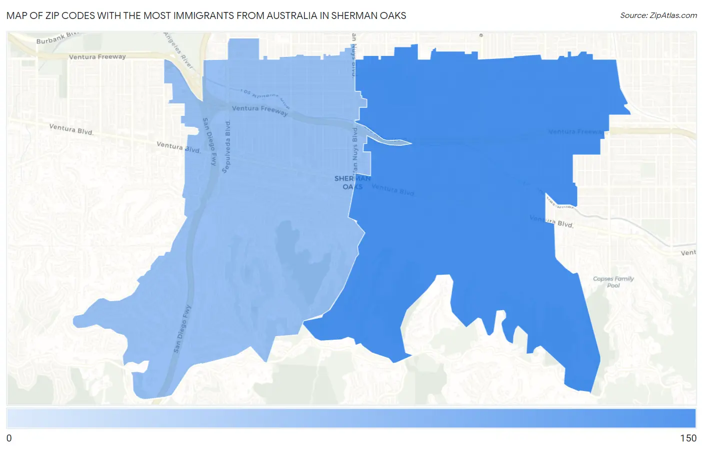 Zip Codes with the Most Immigrants from Australia in Sherman Oaks Map