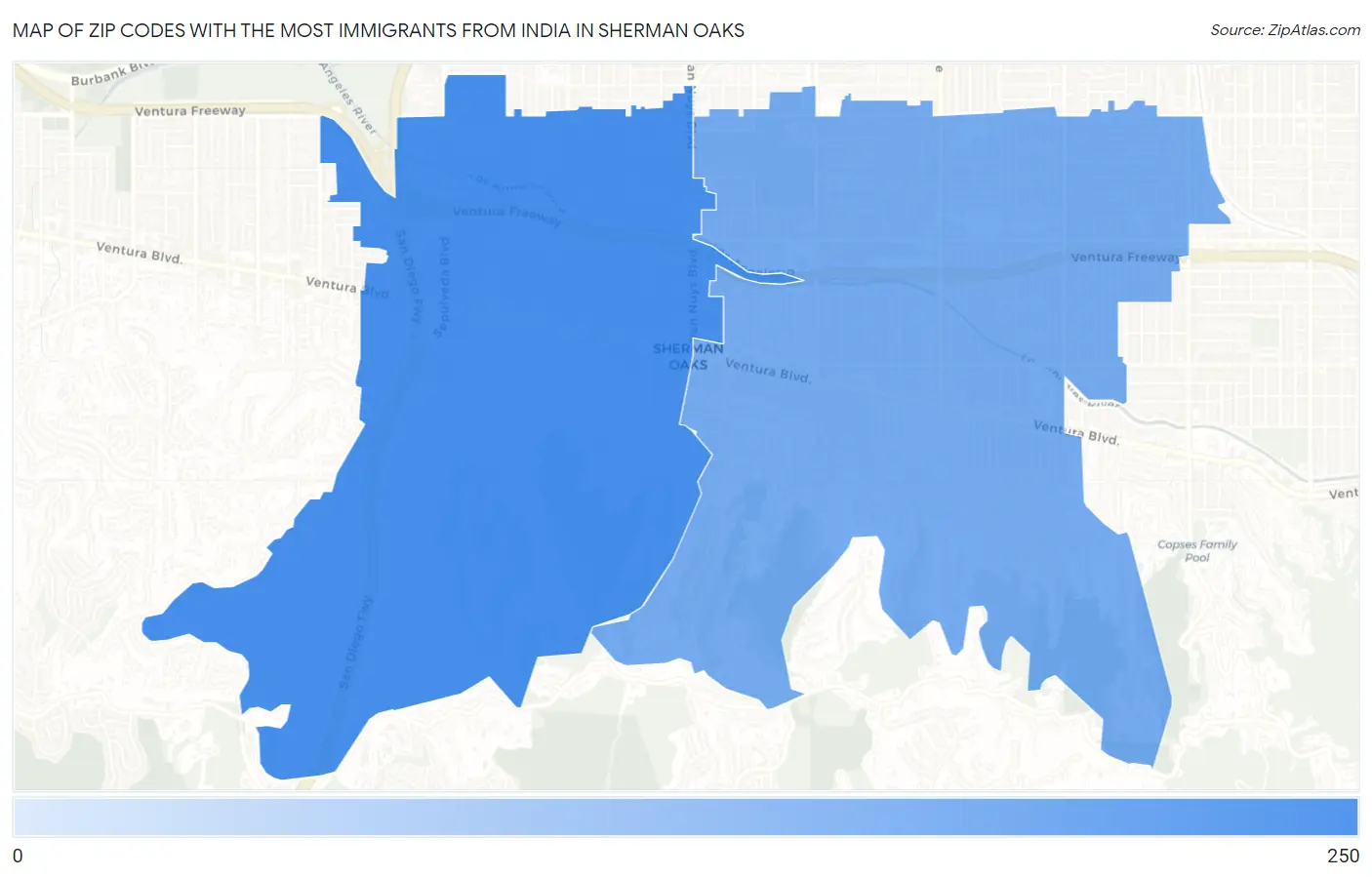 Zip Codes with the Most Immigrants from India in Sherman Oaks Map