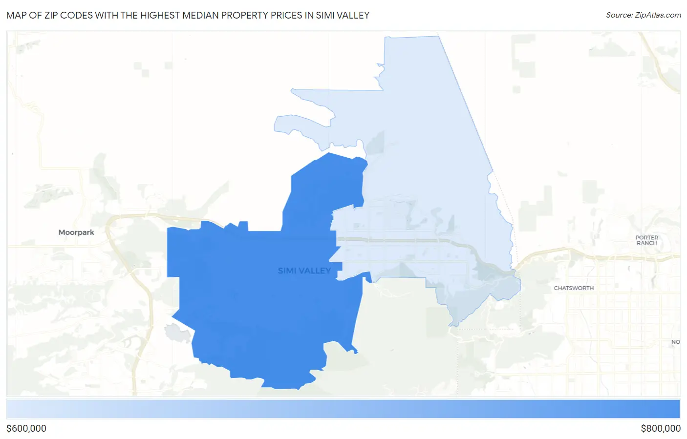 Zip Codes with the Highest Median Property Prices in Simi Valley Map
