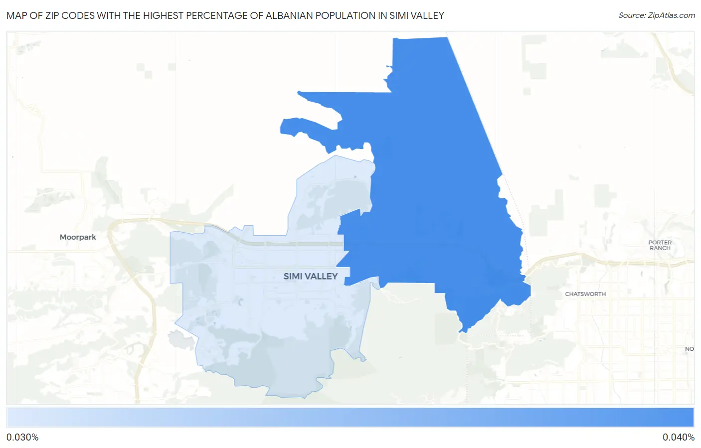 Zip Codes with the Highest Percentage of Albanian Population in Simi Valley Map