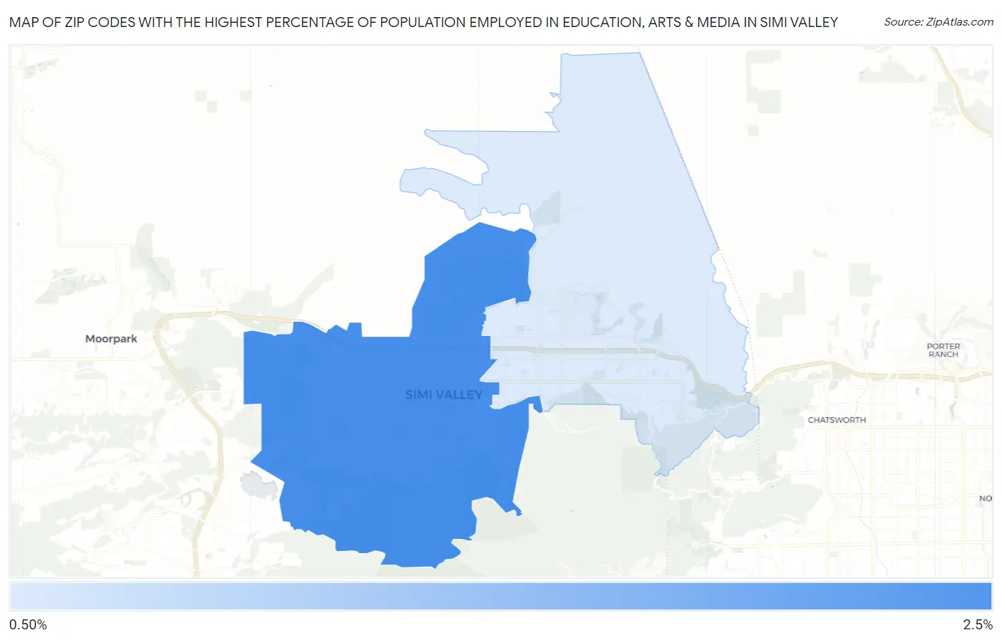 Zip Codes with the Highest Percentage of Population Employed in Education, Arts & Media in Simi Valley Map