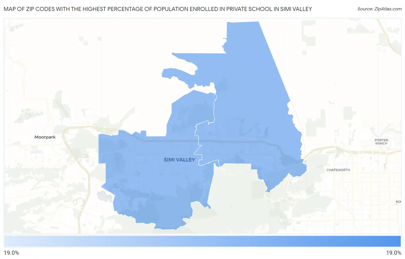 Zip Codes with the Highest Percentage of Population Enrolled in Private School in Simi Valley Map