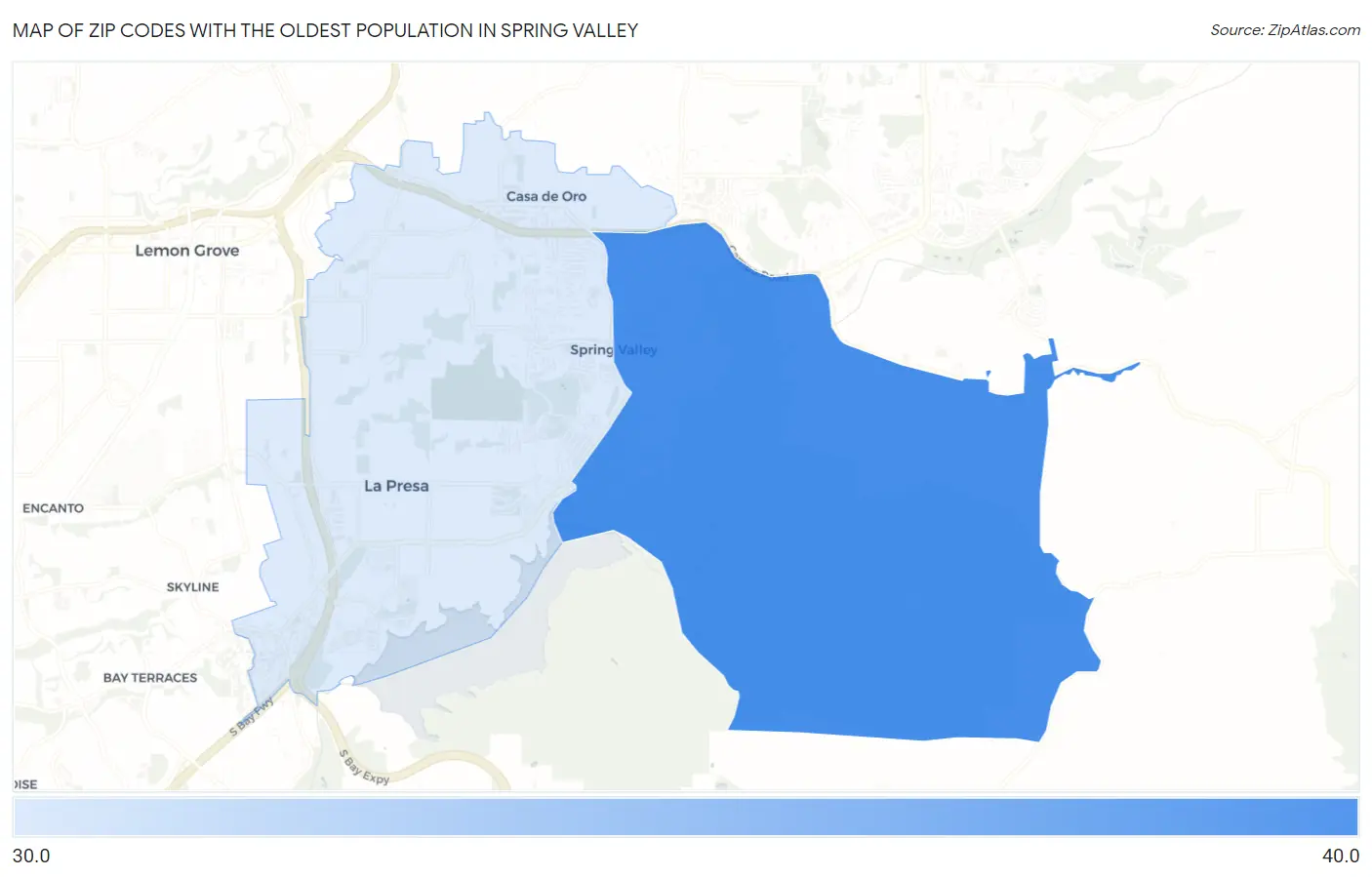 Zip Codes with the Oldest Population in Spring Valley Map