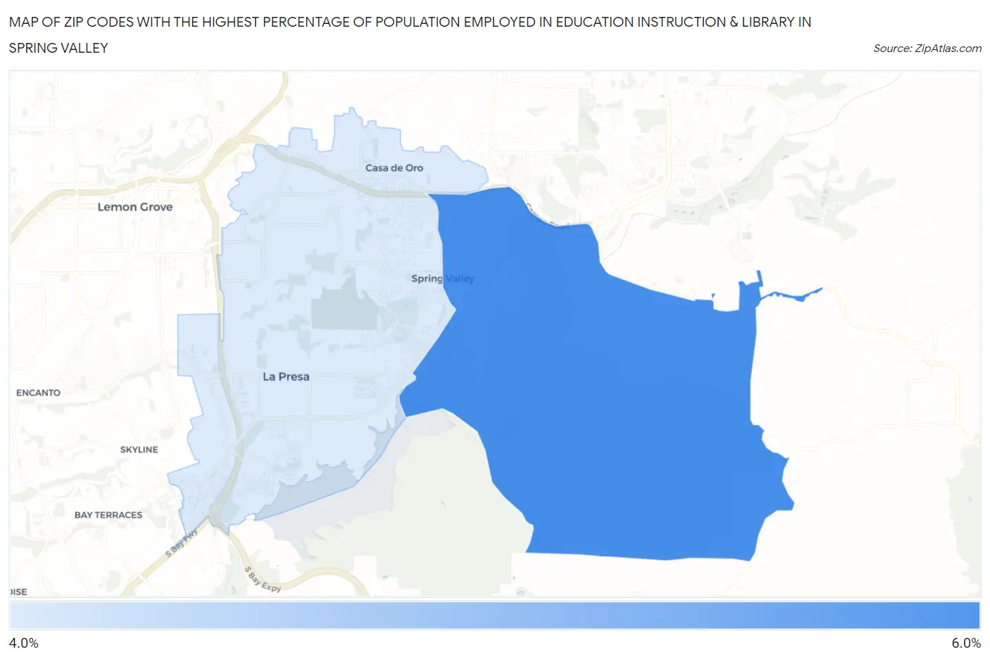 Zip Codes with the Highest Percentage of Population Employed in Education Instruction & Library in Spring Valley Map