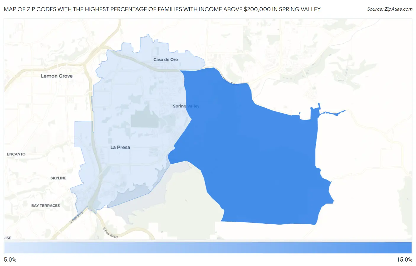 Zip Codes with the Highest Percentage of Families with Income Above $200,000 in Spring Valley Map