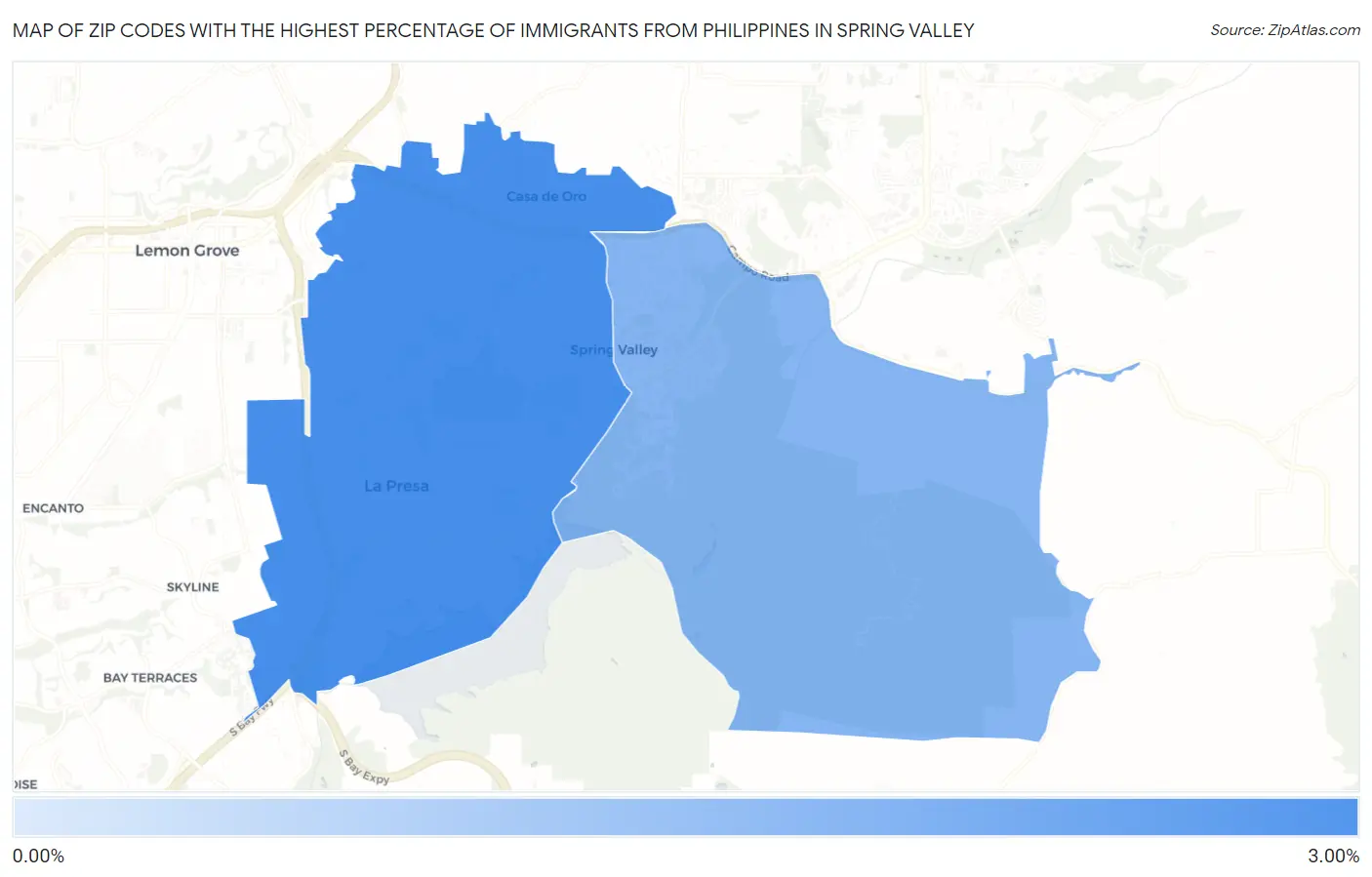Zip Codes with the Highest Percentage of Immigrants from Philippines in Spring Valley Map