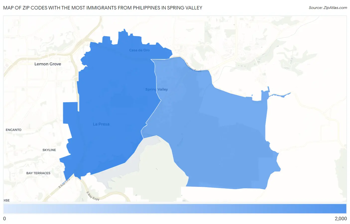 Zip Codes with the Most Immigrants from Philippines in Spring Valley Map