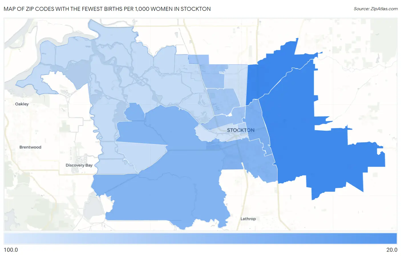 Zip Codes with the Fewest Births per 1,000 Women in Stockton Map