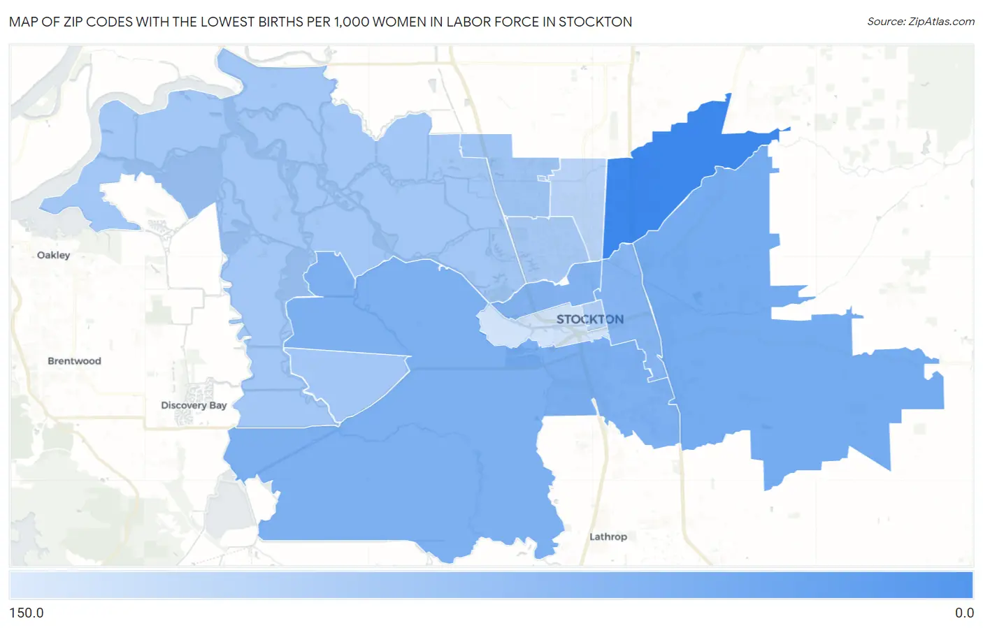 Zip Codes with the Lowest Births per 1,000 Women in Labor Force in Stockton Map