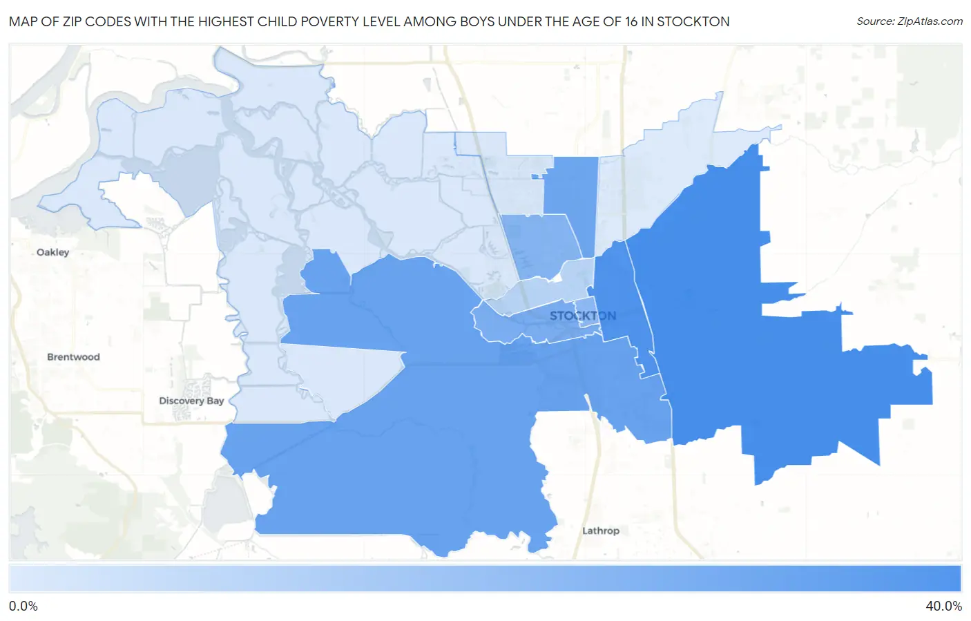 Zip Codes with the Highest Child Poverty Level Among Boys Under the Age of 16 in Stockton Map