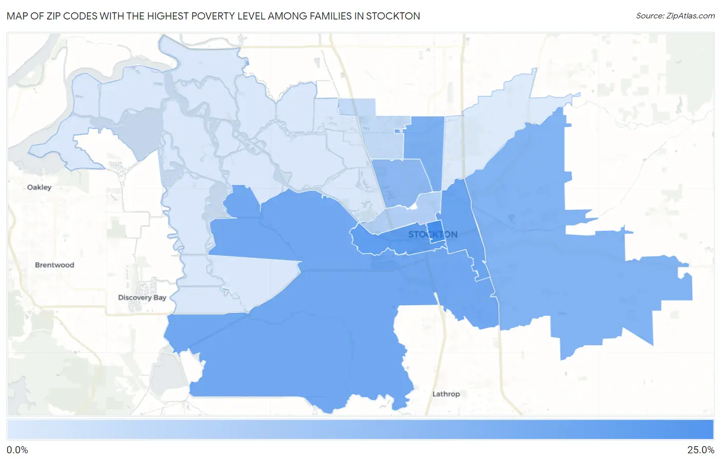 Zip Codes with the Highest Poverty Level Among Families in Stockton Map