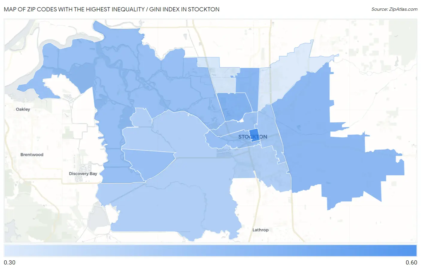 Zip Codes with the Highest Inequality / Gini Index in Stockton Map