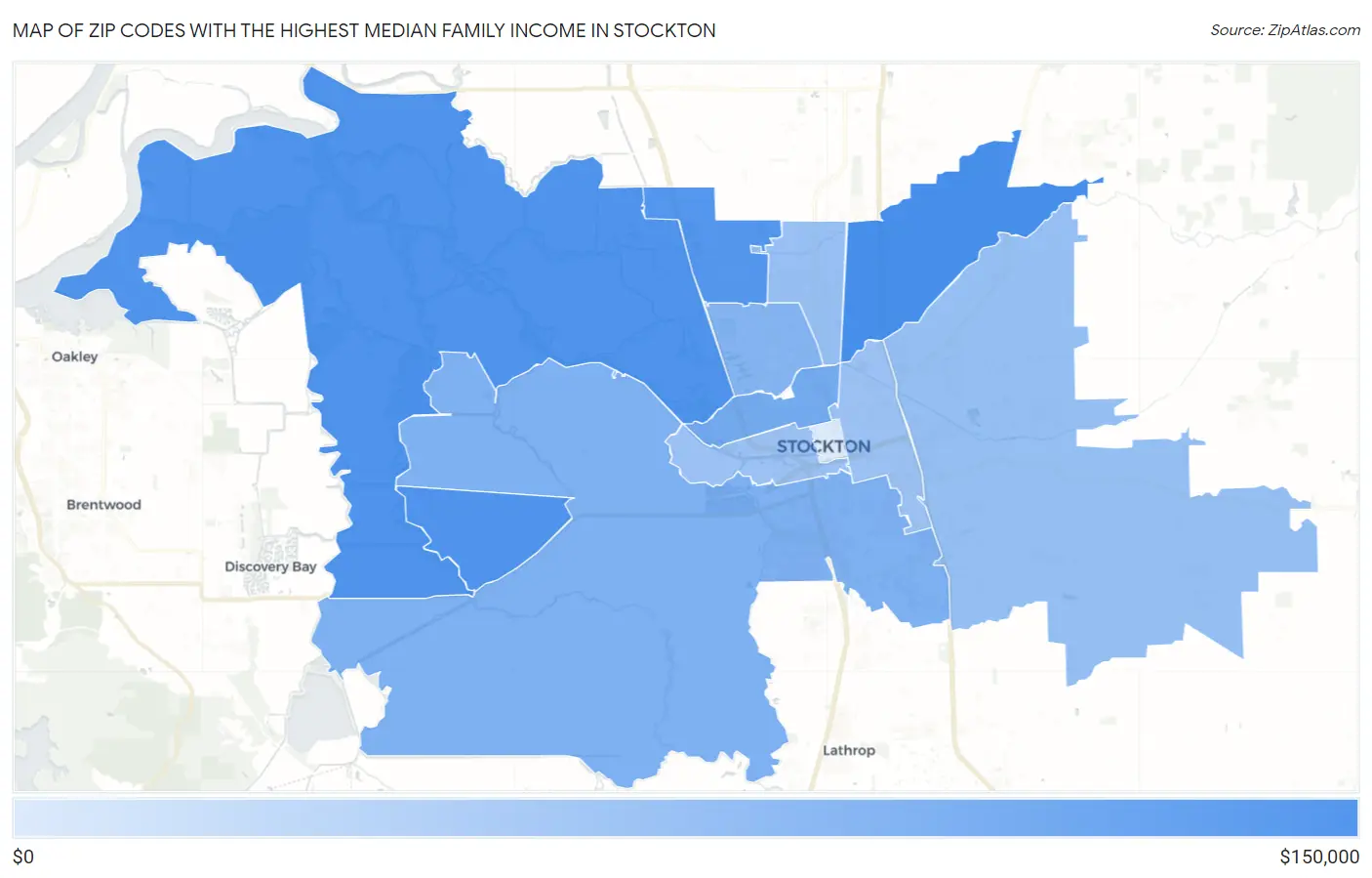 Zip Codes with the Highest Median Family Income in Stockton Map