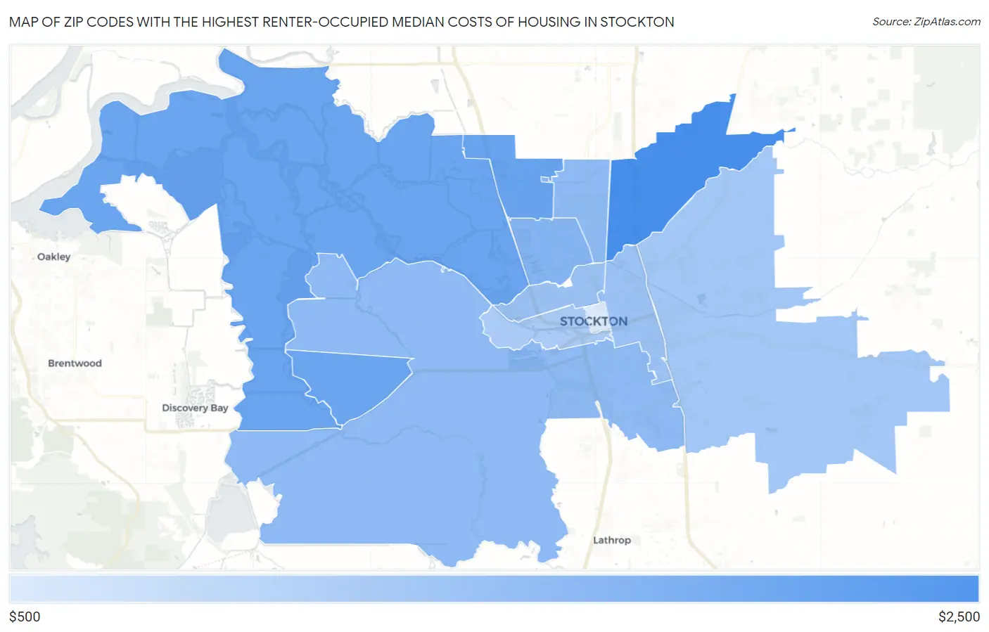 Zip Codes with the Highest Renter-Occupied Median Costs of Housing in Stockton Map