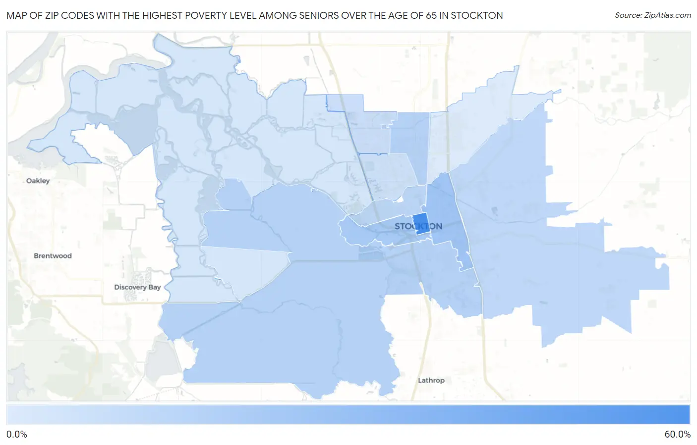 Zip Codes with the Highest Poverty Level Among Seniors Over the Age of 65 in Stockton Map