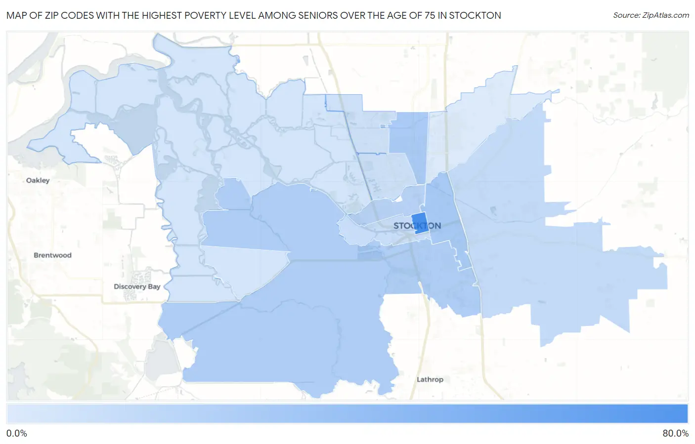 Zip Codes with the Highest Poverty Level Among Seniors Over the Age of 75 in Stockton Map