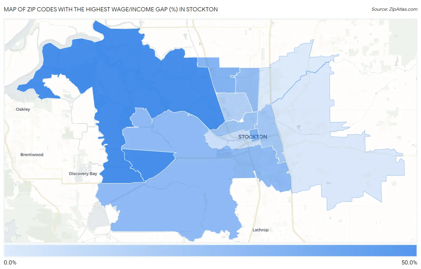 Zip Codes with the Highest Wage/Income Gap (%) in Stockton Map