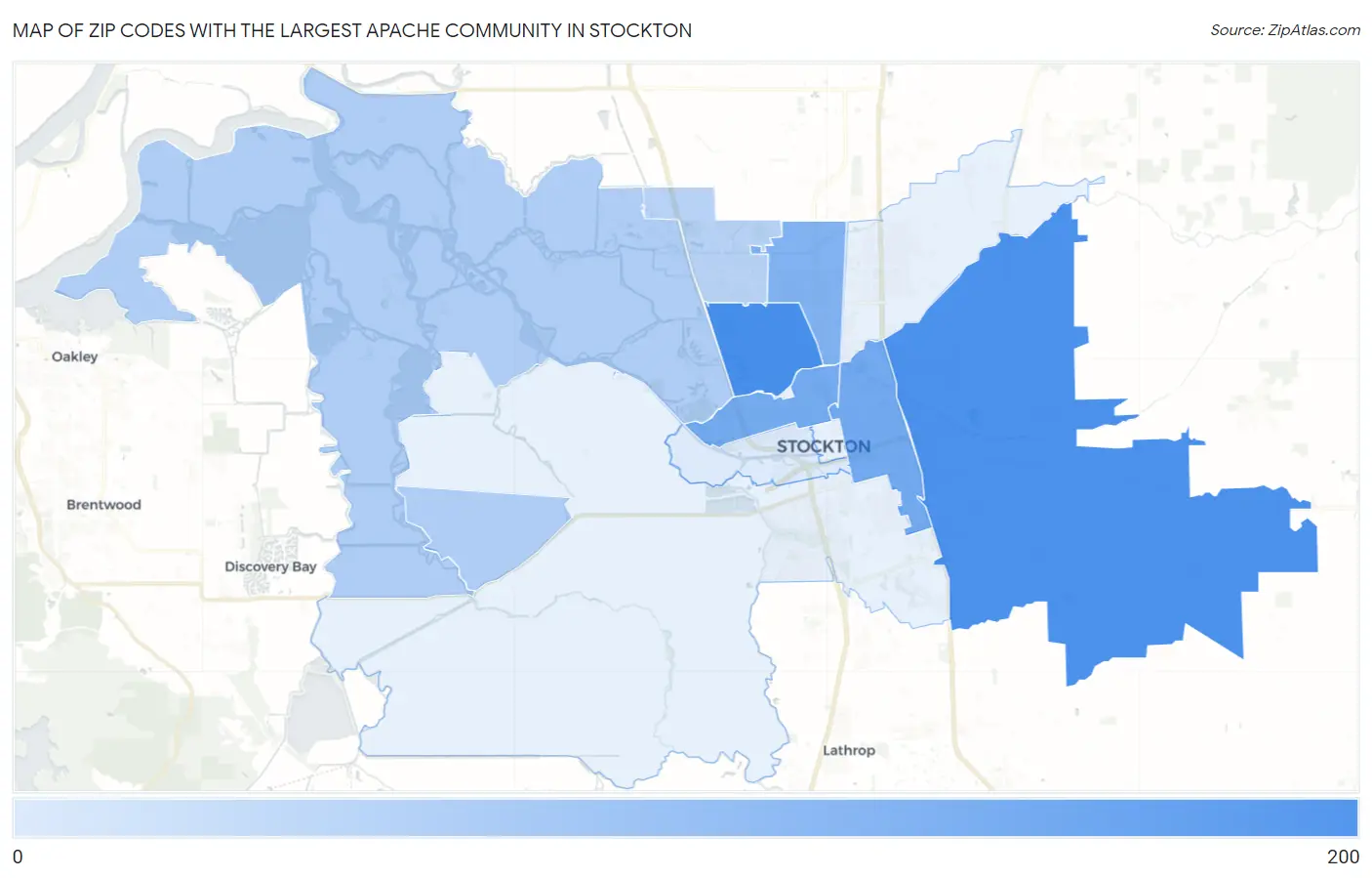 Zip Codes with the Largest Apache Community in Stockton Map