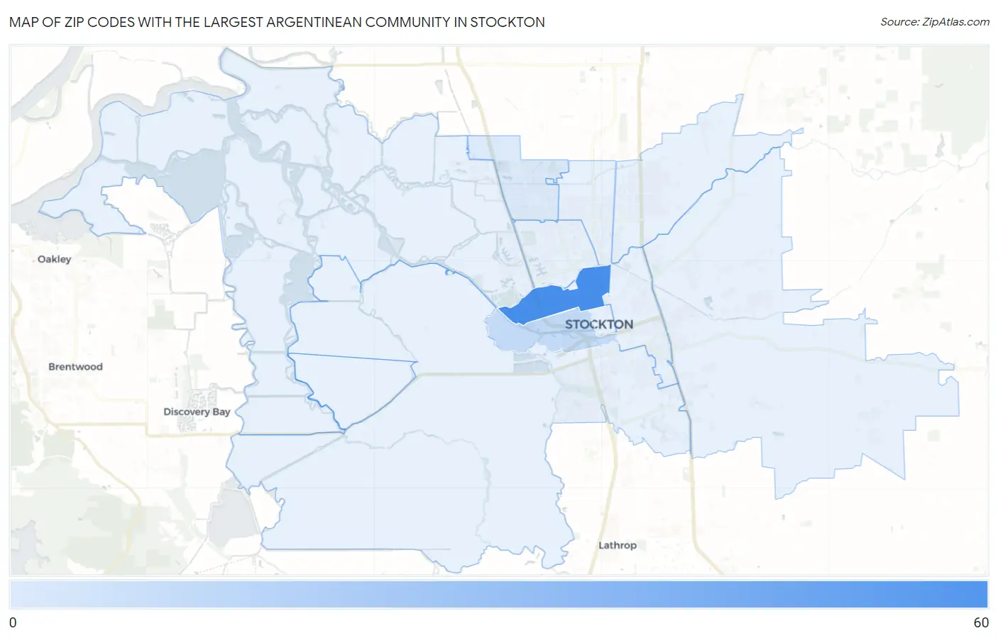 Zip Codes with the Largest Argentinean Community in Stockton Map