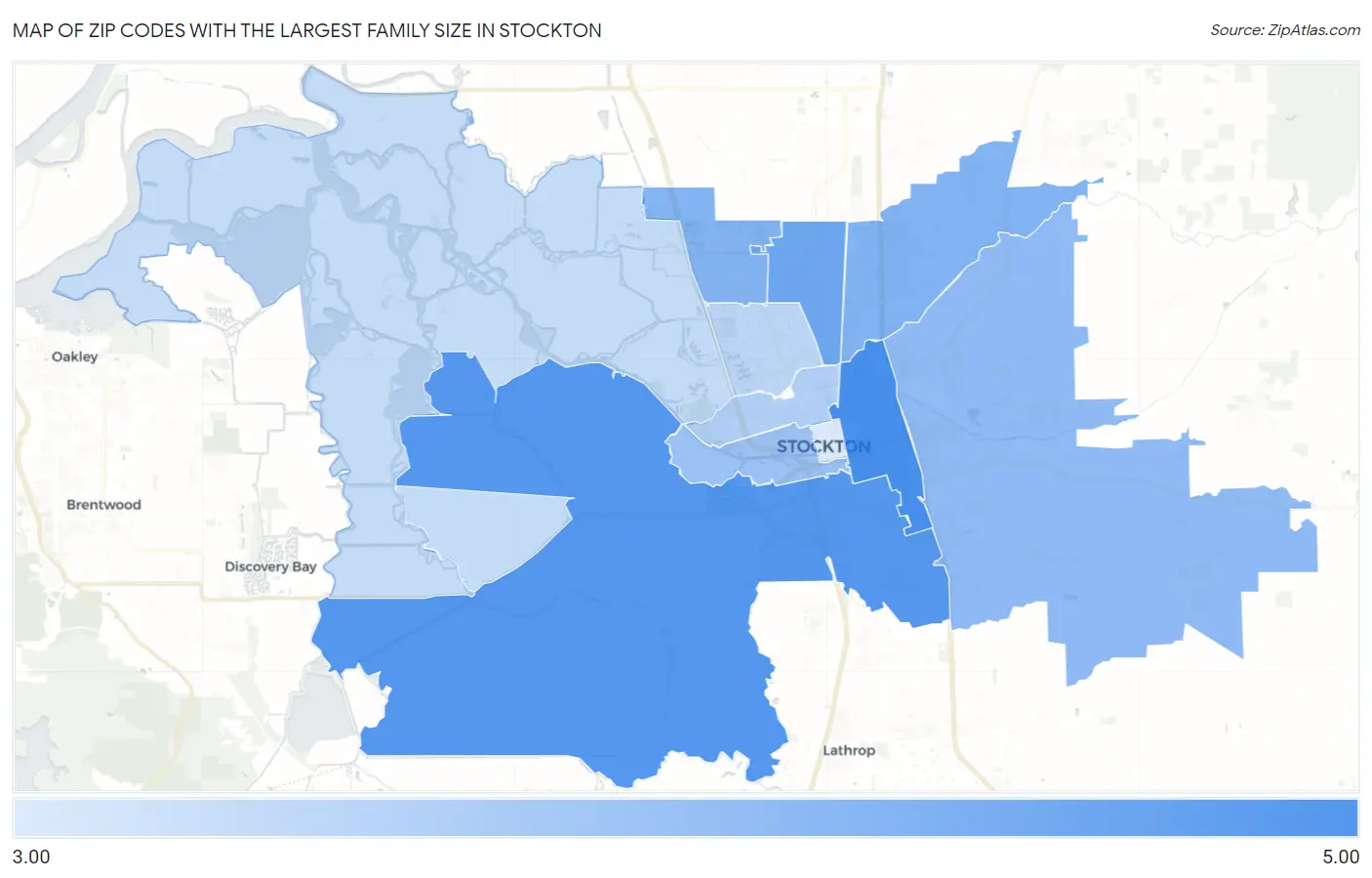 Zip Codes with the Largest Family Size in Stockton Map