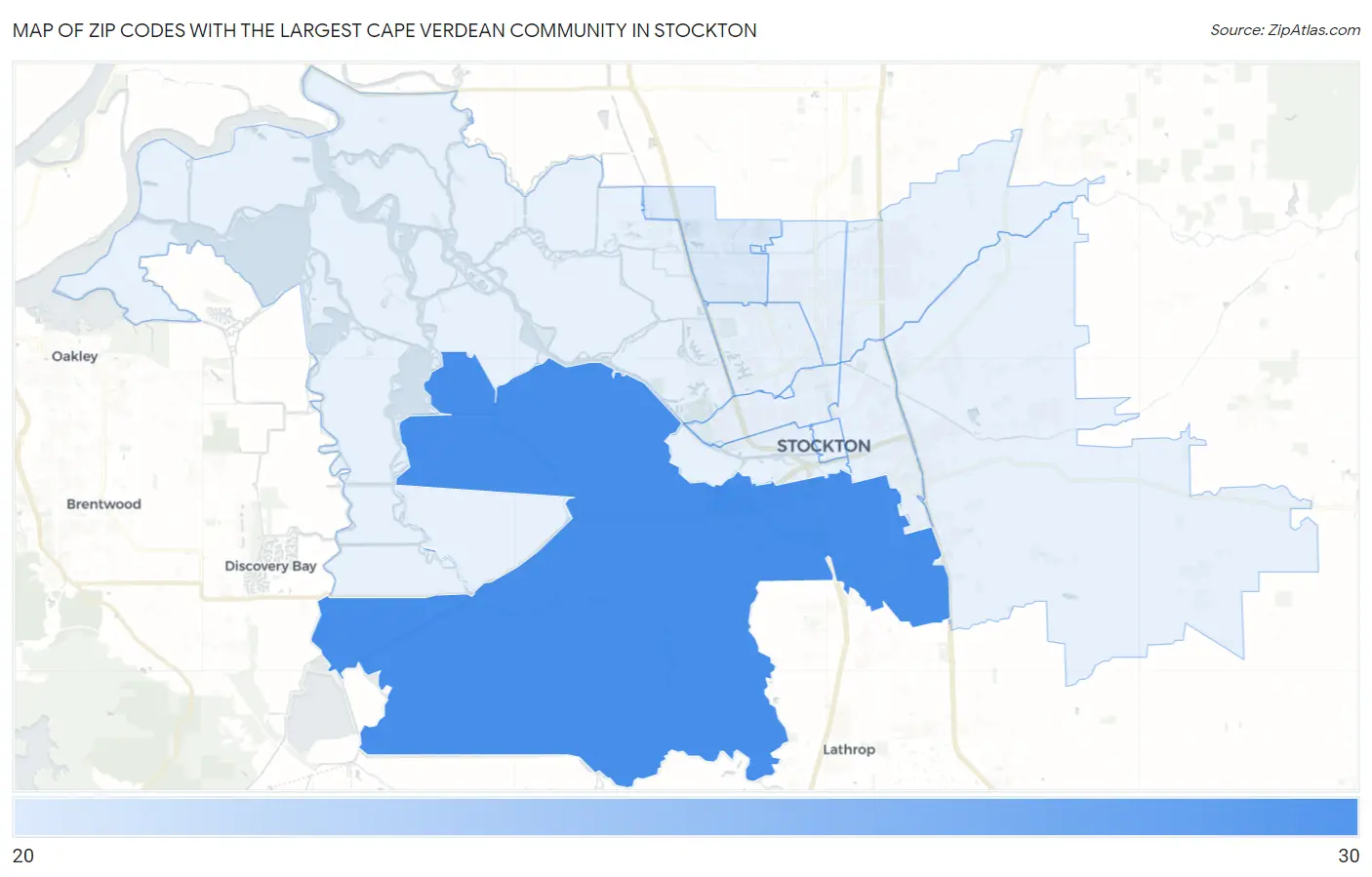 Zip Codes with the Largest Cape Verdean Community in Stockton Map