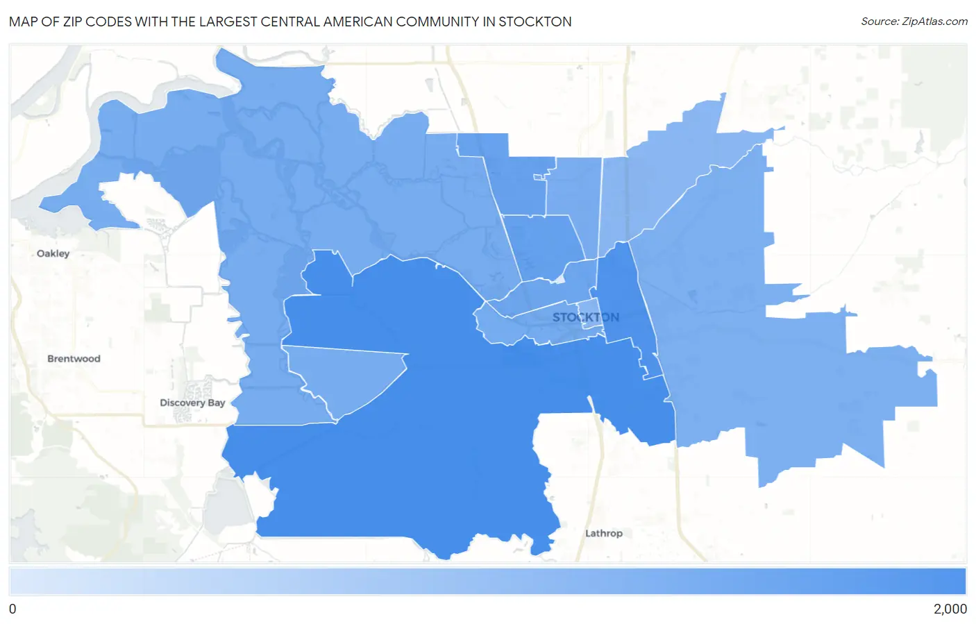 Zip Codes with the Largest Central American Community in Stockton Map