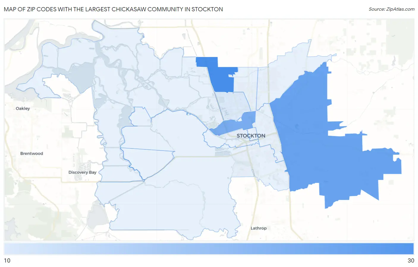 Zip Codes with the Largest Chickasaw Community in Stockton Map