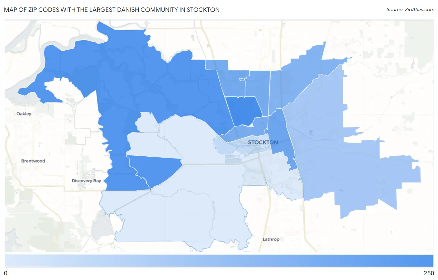 Zip Codes with the Largest Danish Community in Stockton Map