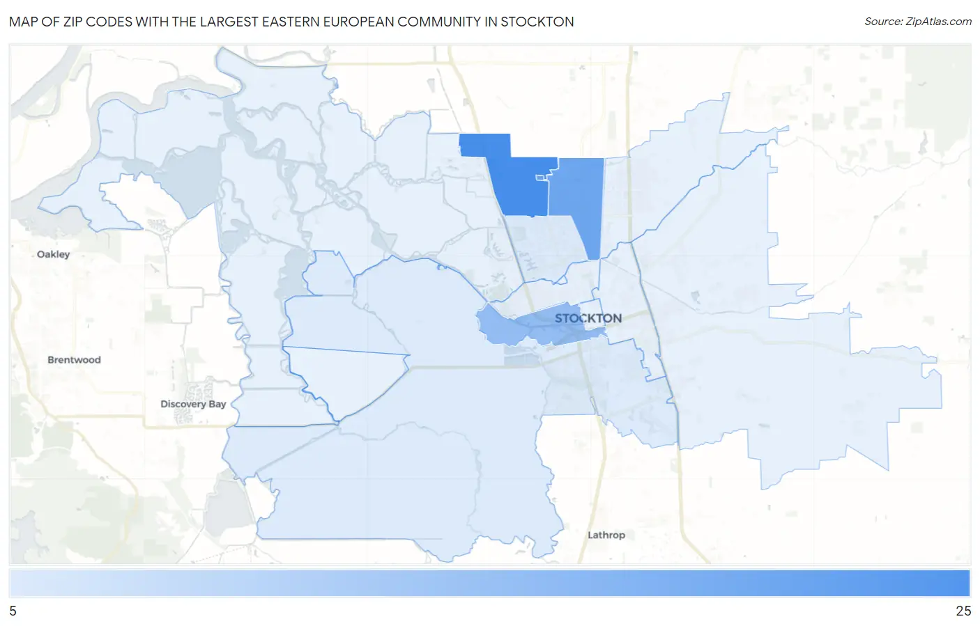 Zip Codes with the Largest Eastern European Community in Stockton Map