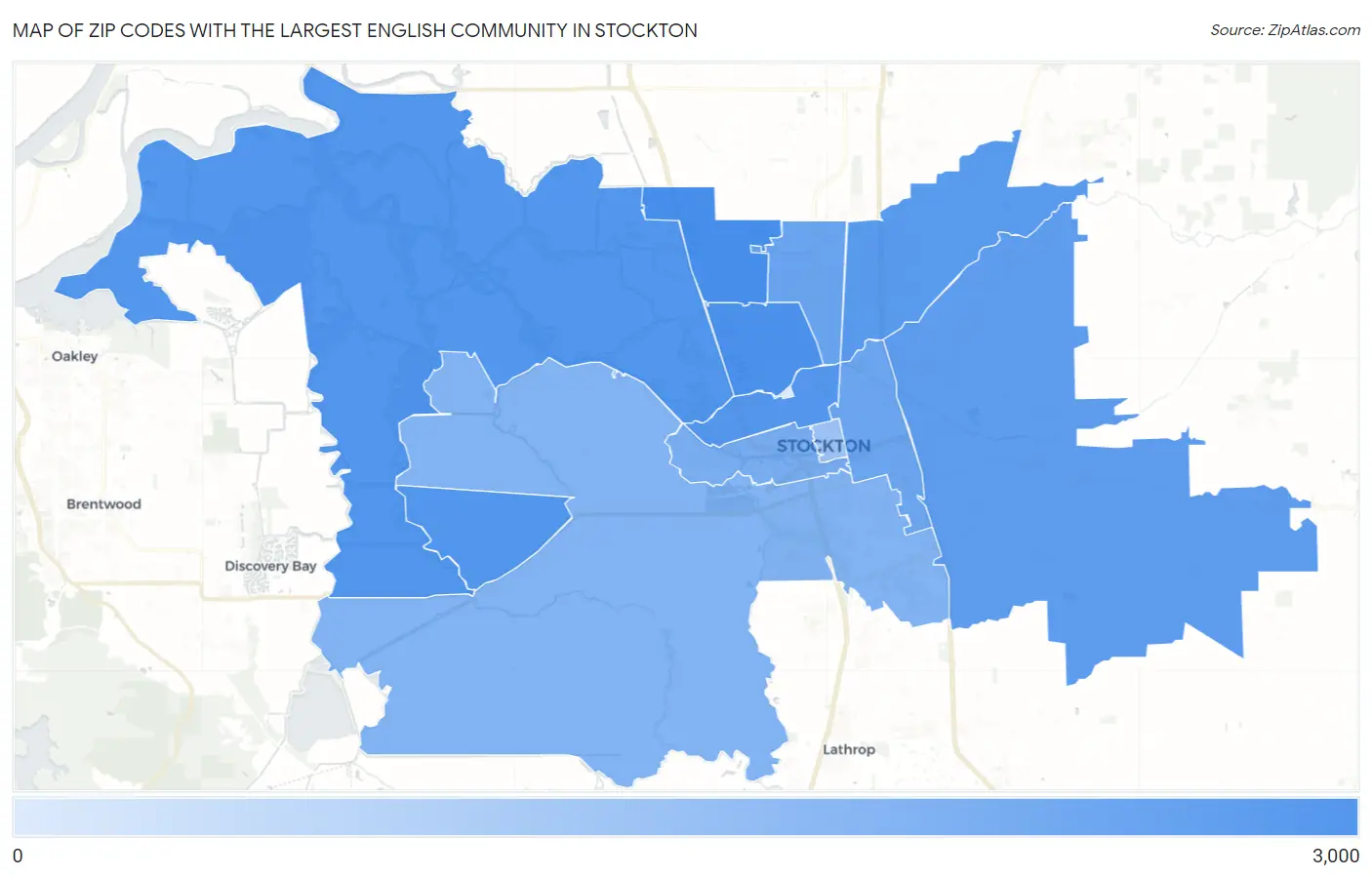 Zip Codes with the Largest English Community in Stockton Map