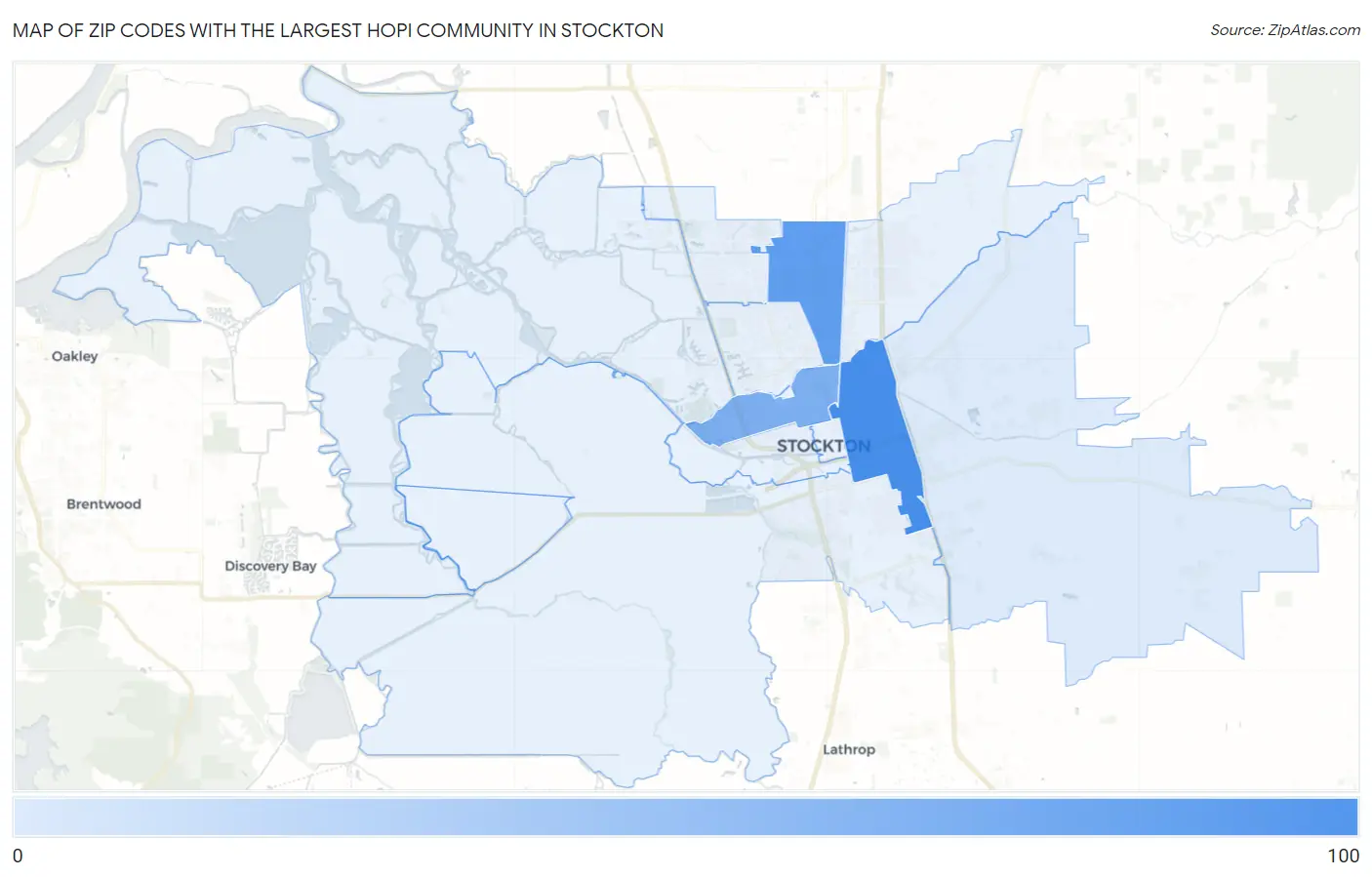 Zip Codes with the Largest Hopi Community in Stockton Map