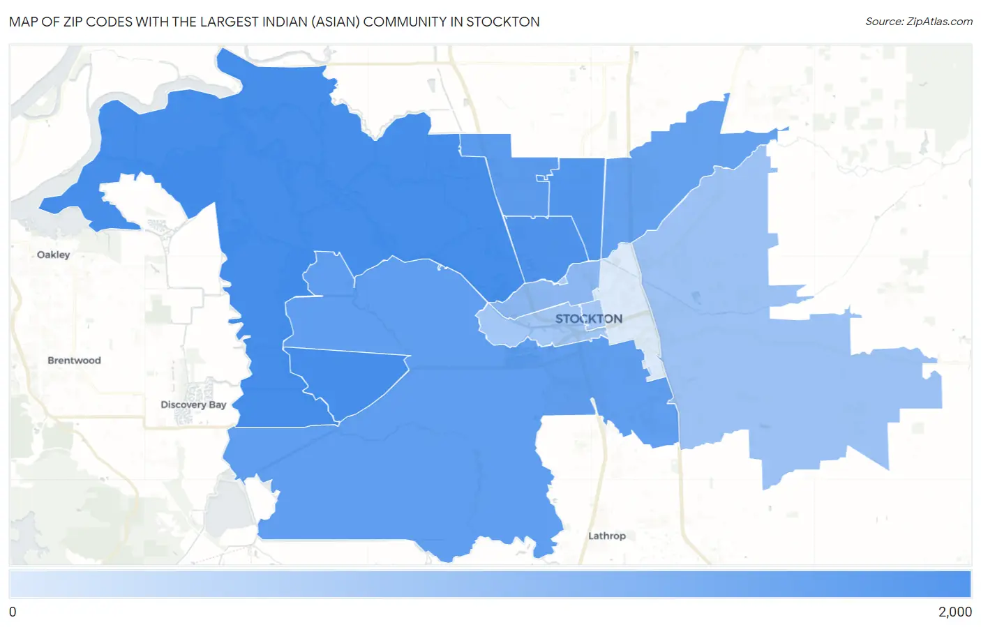 Zip Codes with the Largest Indian (Asian) Community in Stockton Map