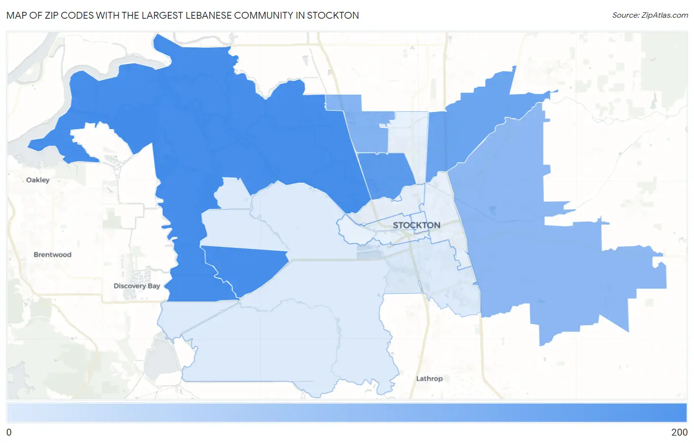 Zip Codes with the Largest Lebanese Community in Stockton Map