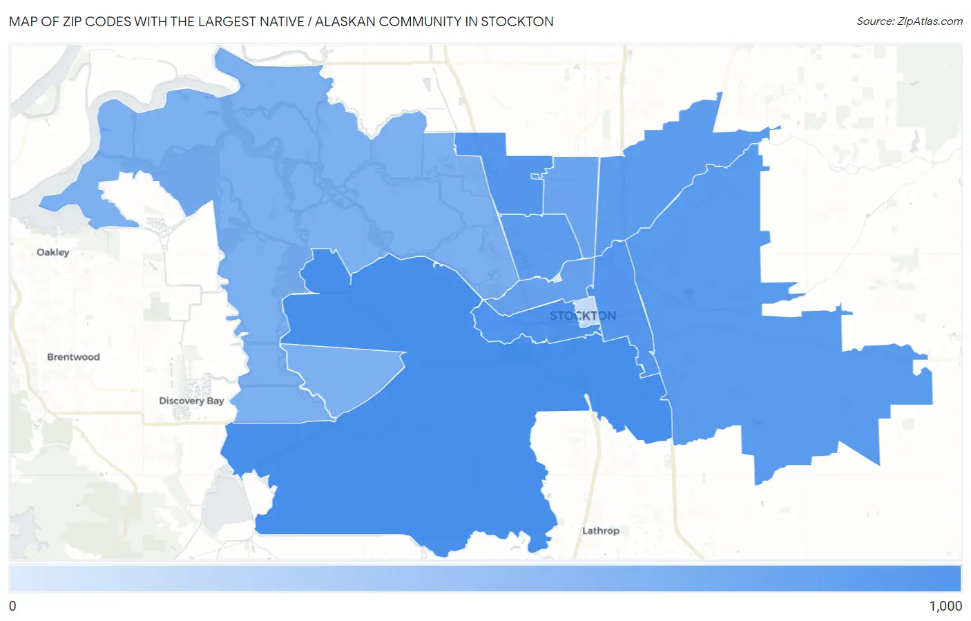 Zip Codes with the Largest Native / Alaskan Community in Stockton Map