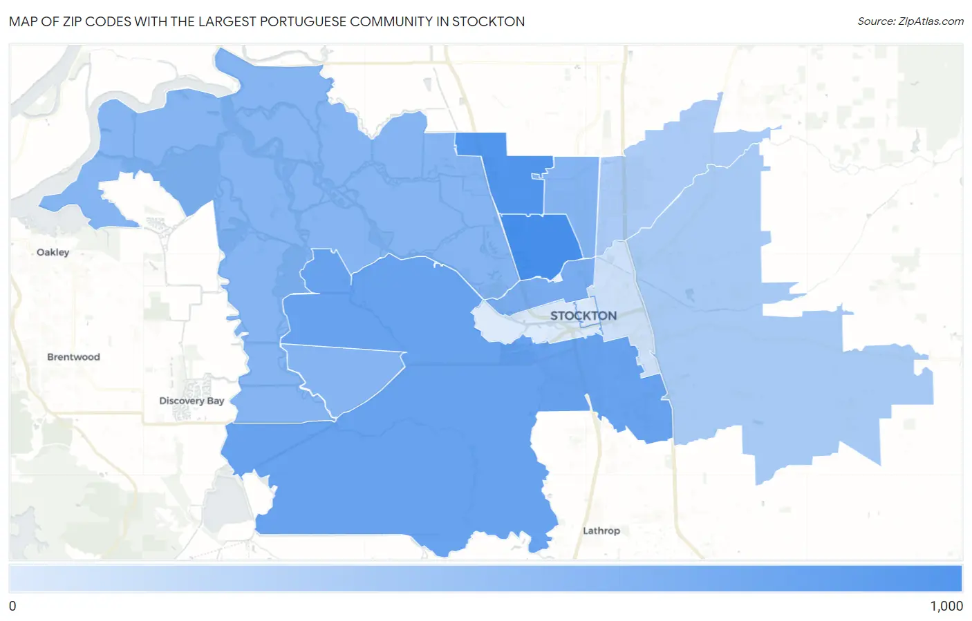 Zip Codes with the Largest Portuguese Community in Stockton Map