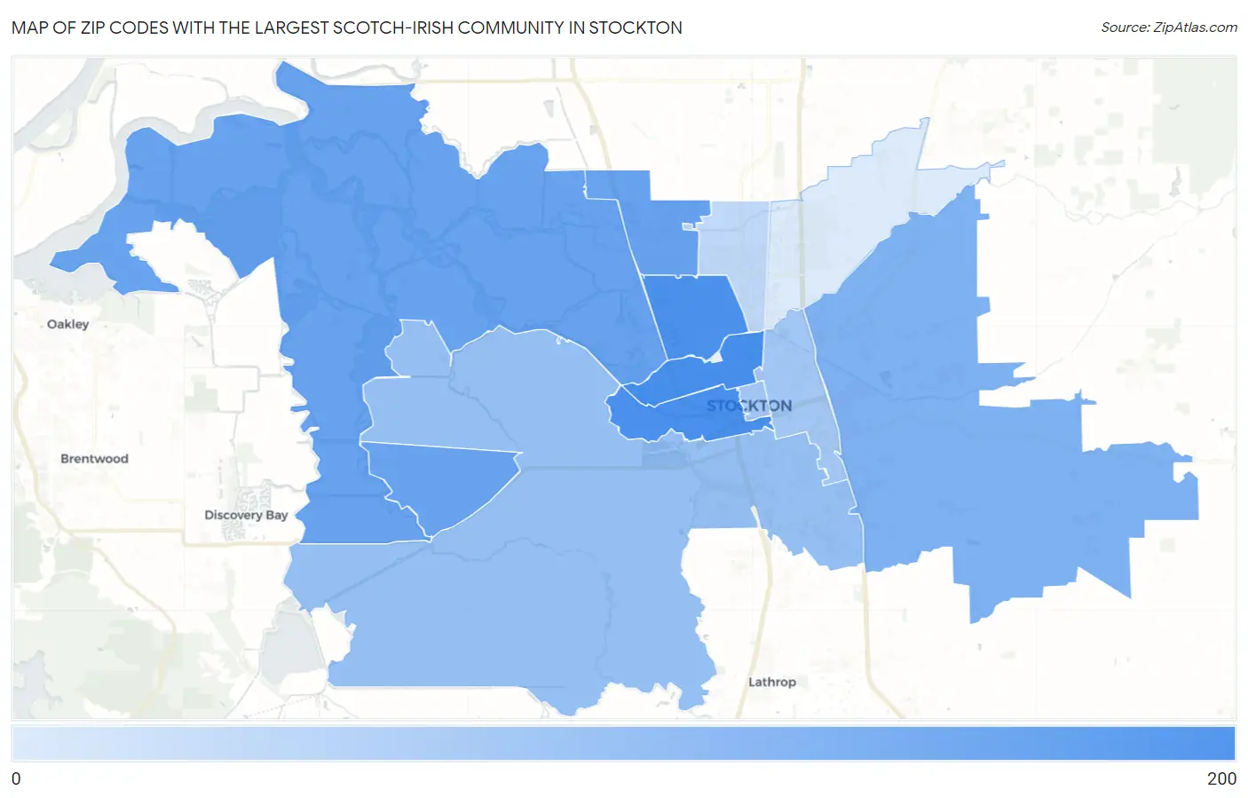 Zip Codes with the Largest Scotch-Irish Community in Stockton Map