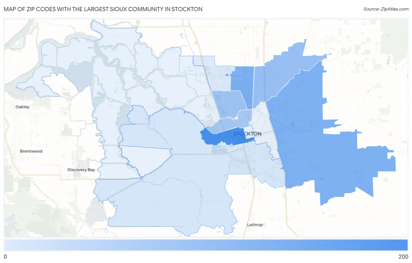 Zip Codes with the Largest Sioux Community in Stockton Map