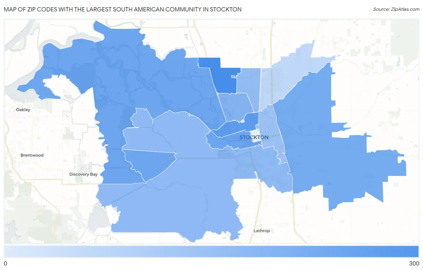 Zip Codes with the Largest South American Community in Stockton Map