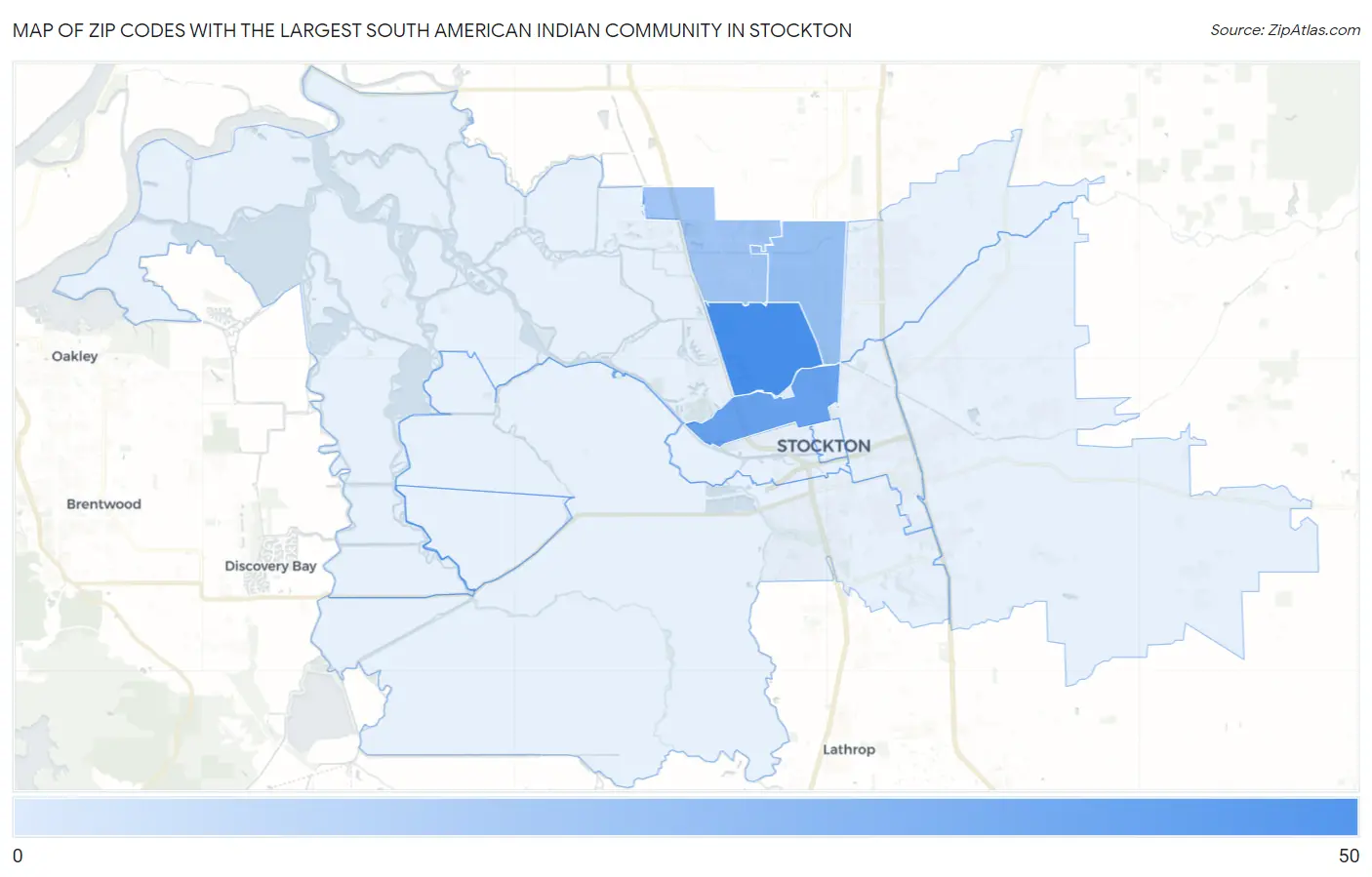 Zip Codes with the Largest South American Indian Community in Stockton Map