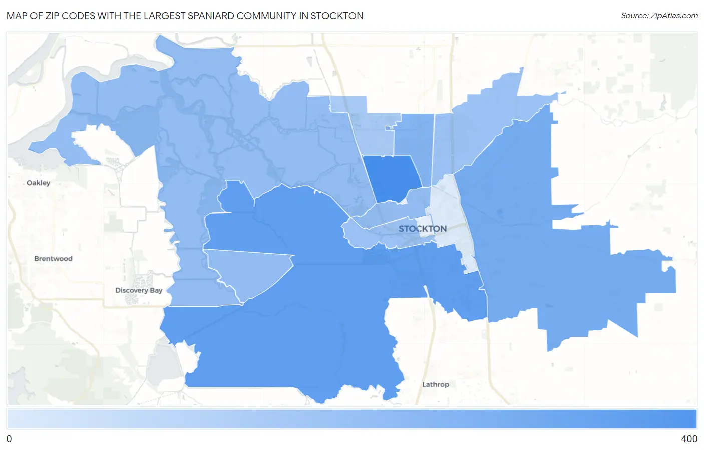 Zip Codes with the Largest Spaniard Community in Stockton Map