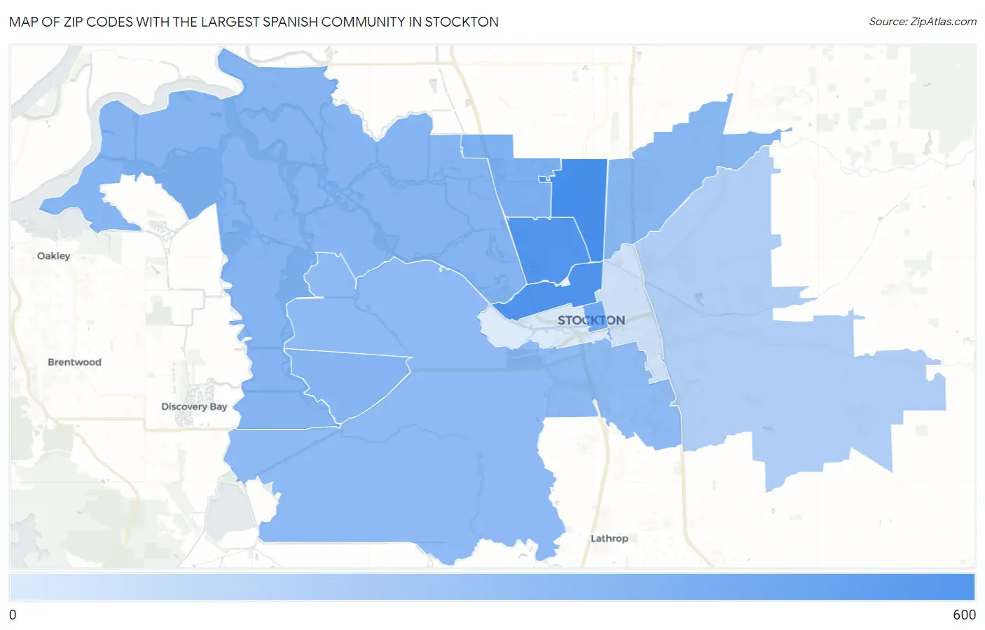 Zip Codes with the Largest Spanish Community in Stockton Map