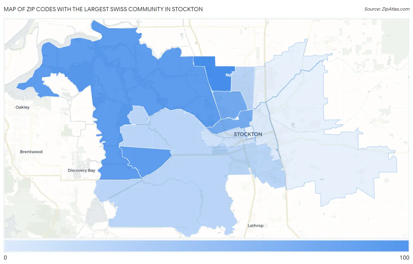 Zip Codes with the Largest Swiss Community in Stockton Map