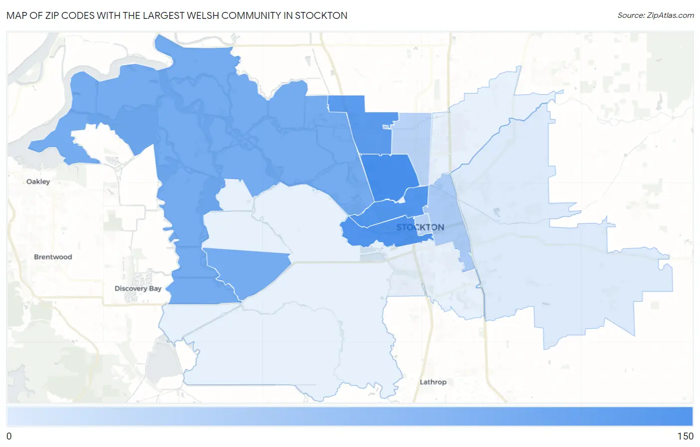 Zip Codes with the Largest Welsh Community in Stockton Map