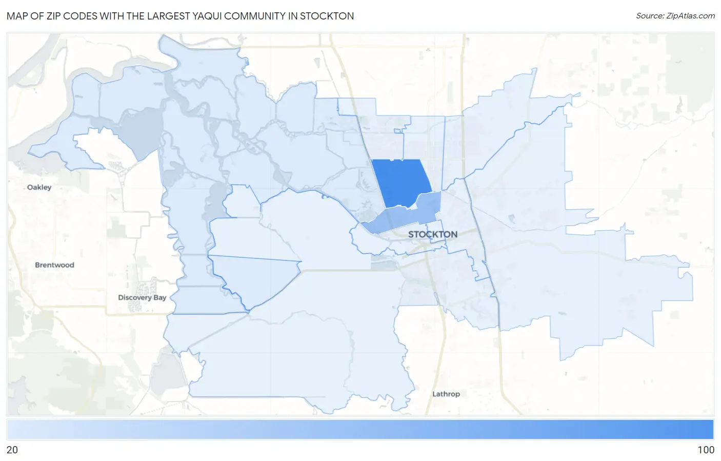 Zip Codes with the Largest Yaqui Community in Stockton Map