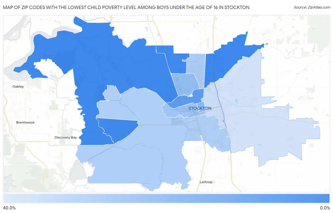 Zip Codes with the Lowest Child Poverty Level Among Boys Under the Age of 16 in Stockton Map