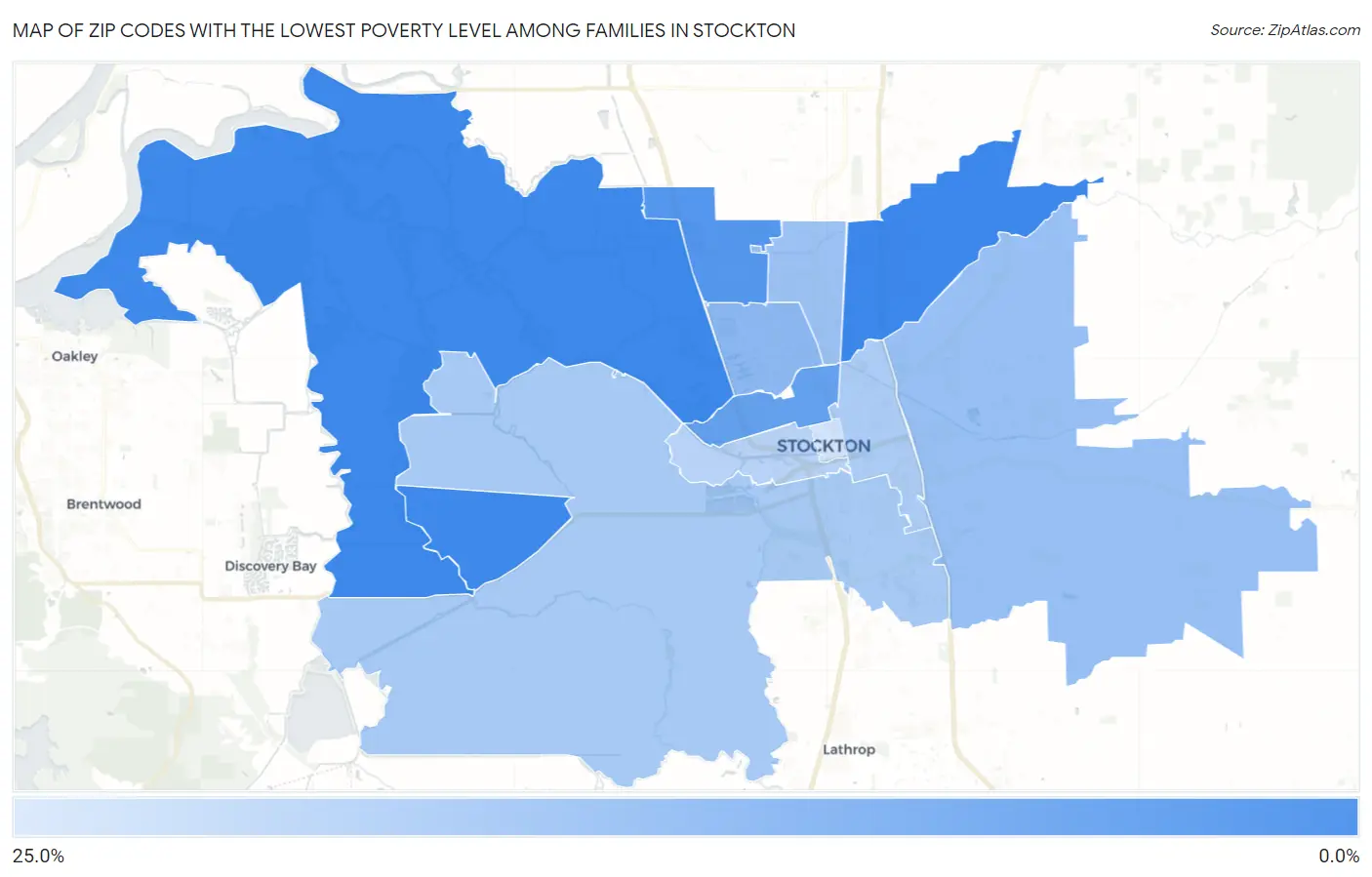 Zip Codes with the Lowest Poverty Level Among Families in Stockton Map