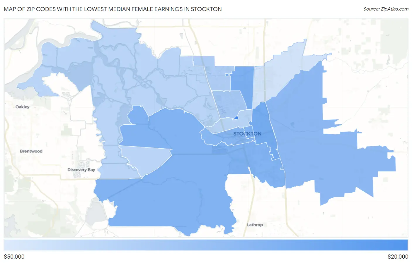 Zip Codes with the Lowest Median Female Earnings in Stockton Map